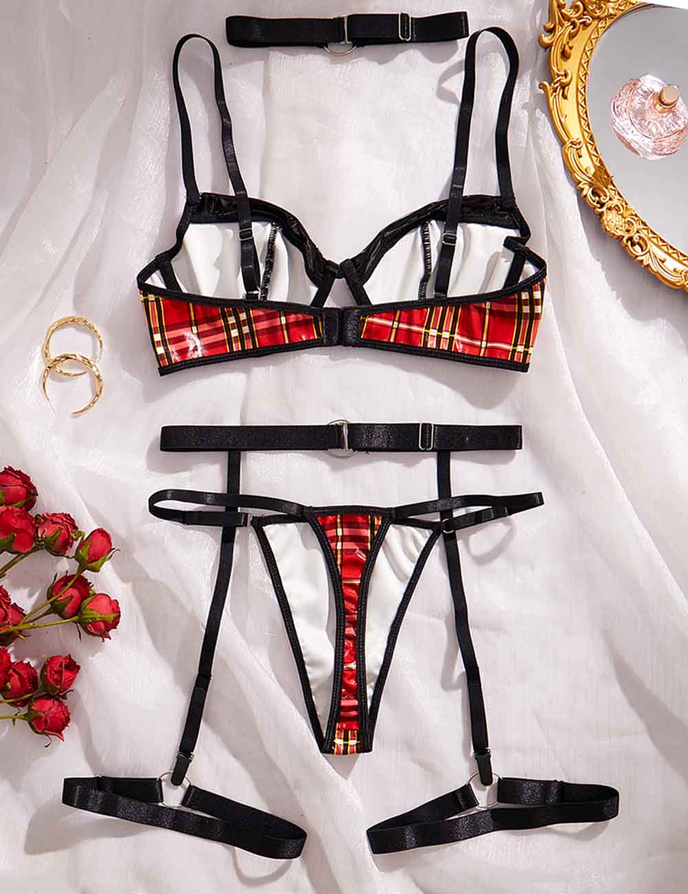Ladies Color Block Plaid PU 2PCS Lingerie Set