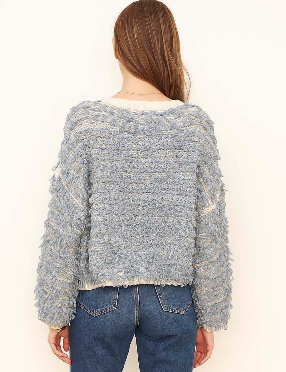 Ladies Loopy Knit Balloon Sleeves Cropped Sweater Top