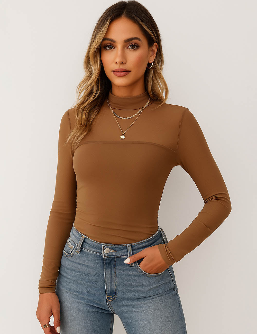 Ladies See Sheer Mock Neck Long Sleeves Mesh Top