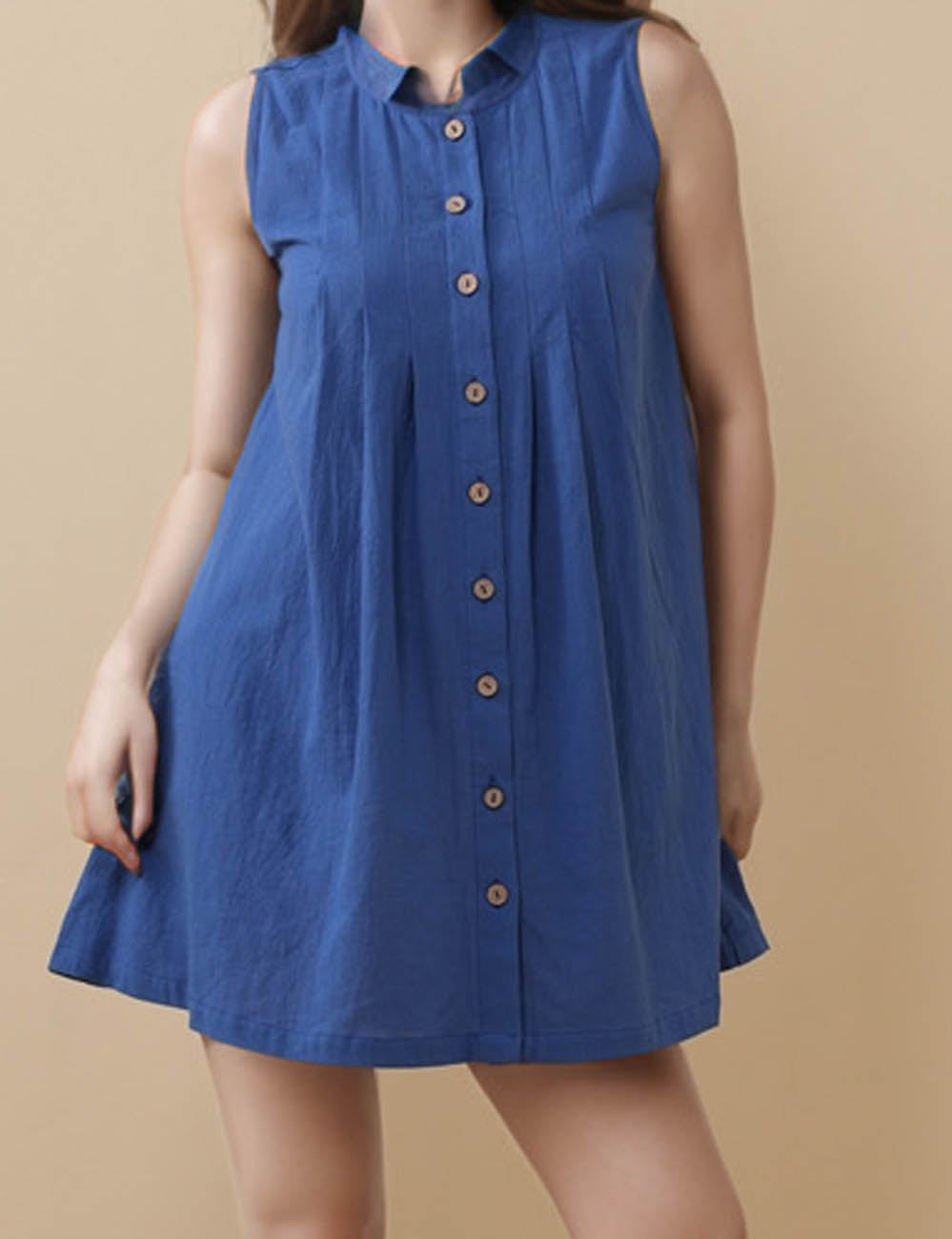 Ladies Round Neck Button Sleeveless Pleated Mini Dress SKD5M1