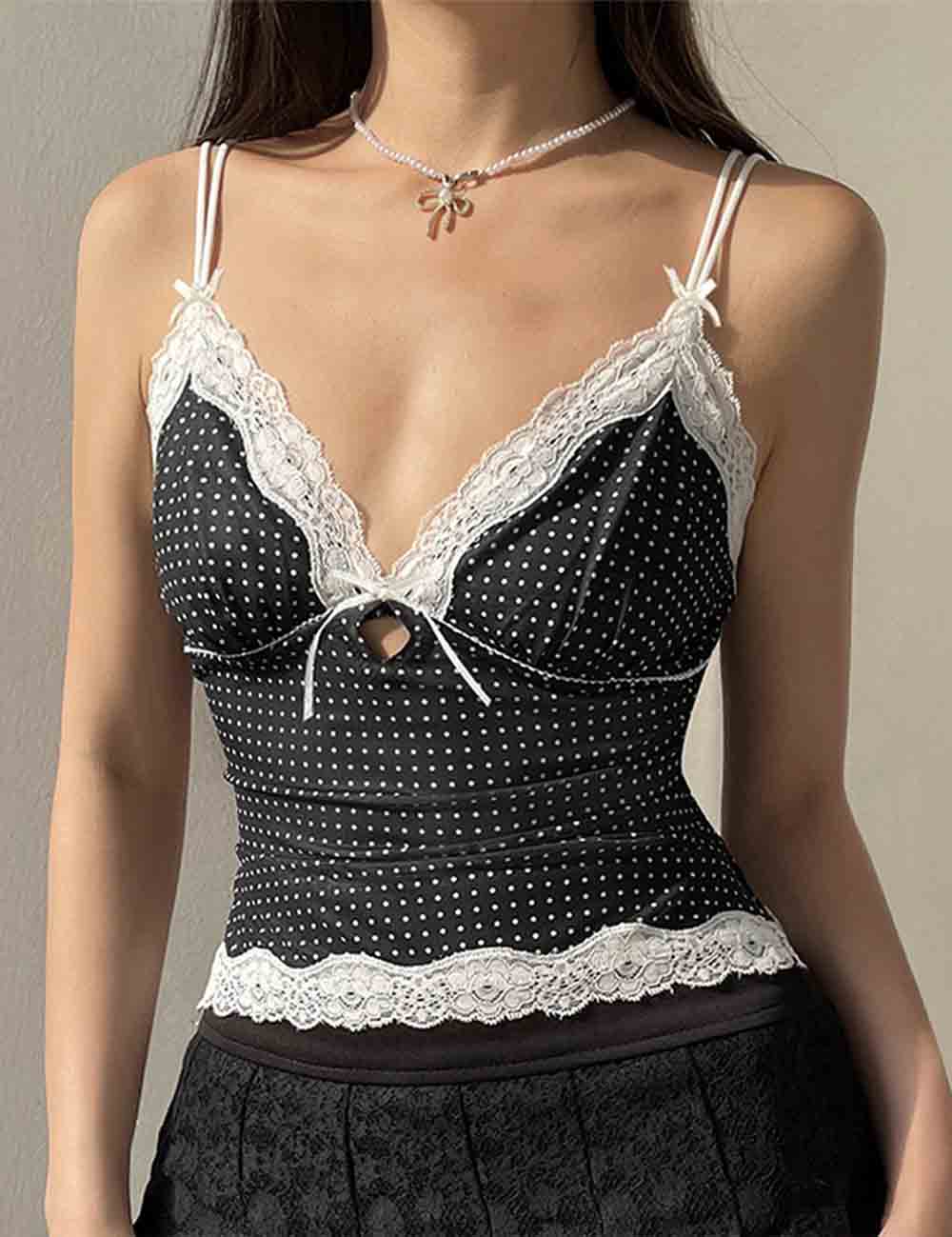 Ladies V-Neck String Shoulder Polka Dot Cami Top SKT51044