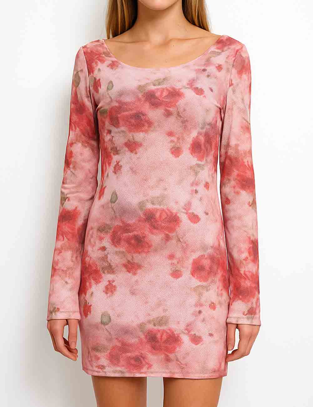 Ladies Rose Flower Round Neck Scoop Back Mesh Mini Dress