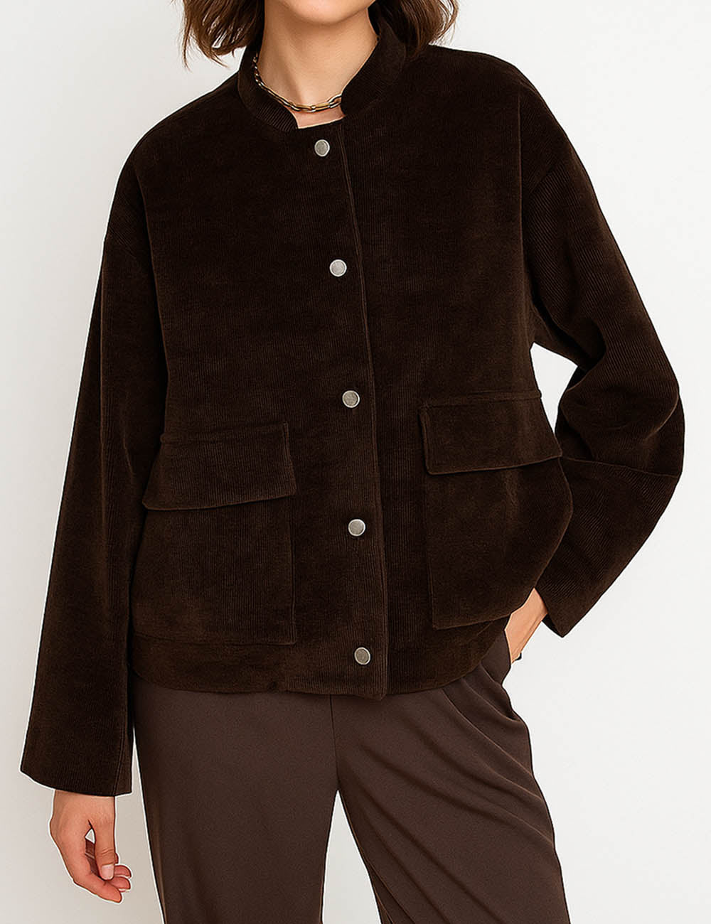 Ladies Corduroy Stand Collar Button Front Jacket