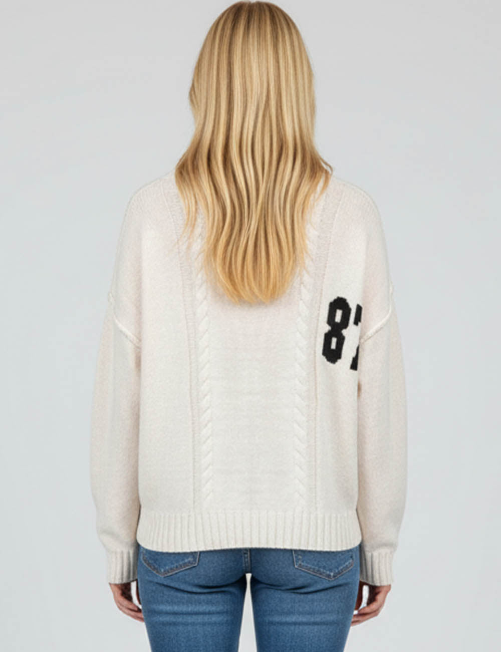 Ladies Geometric Knit Number Pattern Long Sleeves Pullover Sweater