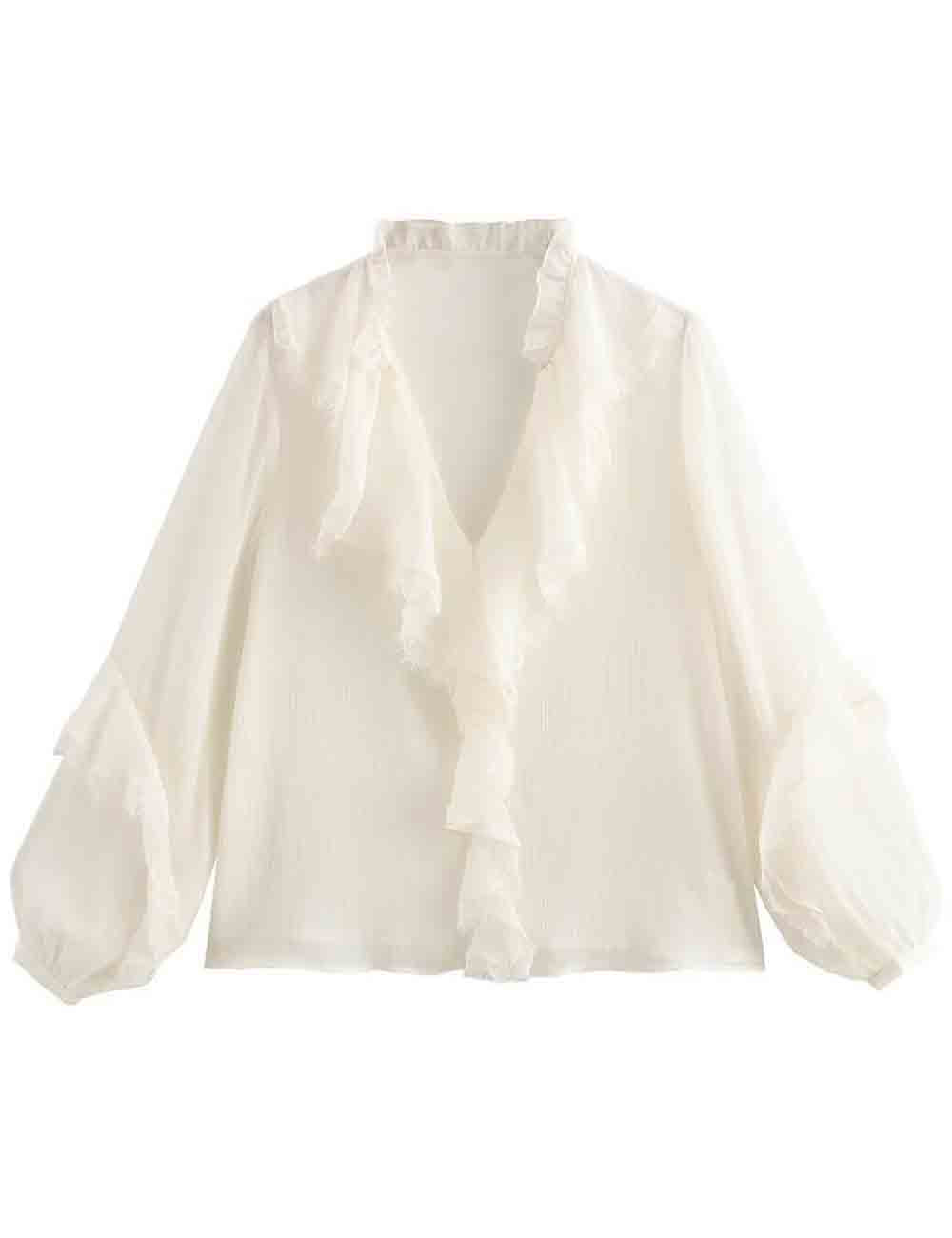 Ladies Ruffle Long Sleeves Pullover White Blouse