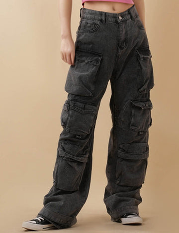 Ladies Cargo Jeans Wide Leg Denim Pants
