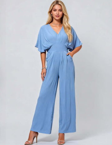 Ladies V-Neck Mid Sleeves Wide Leg Jumpsuit SKJ41276