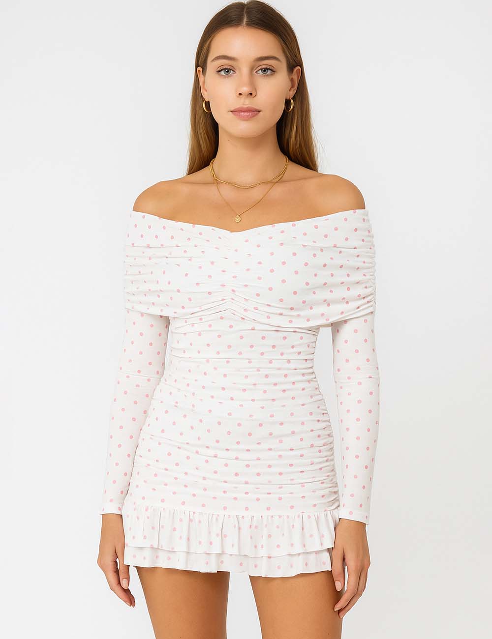 Ladies Polka Dot Off-Shoulder Bodycon Ruffle Midi Dress