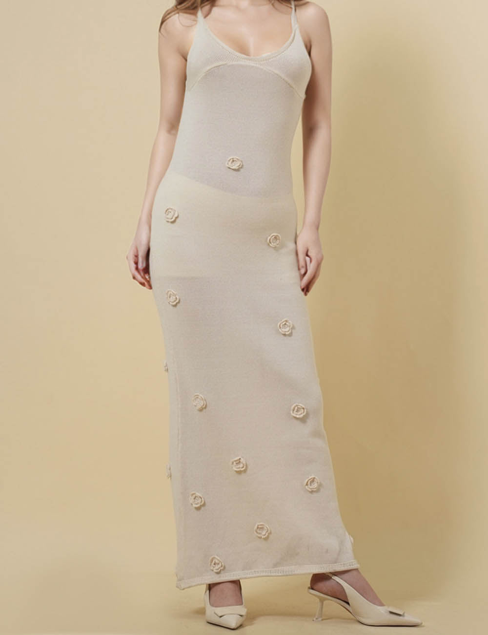 Ladies Knit Flower Backless Strape Tie Maxi Dress 8SKD51106