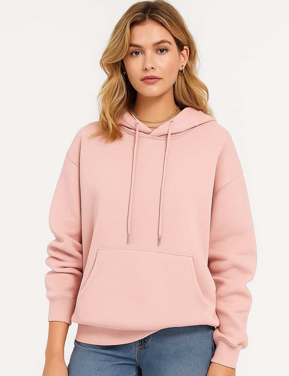 Ladies Solid Color Kangaroo Pockets Hooded Sweatshirt