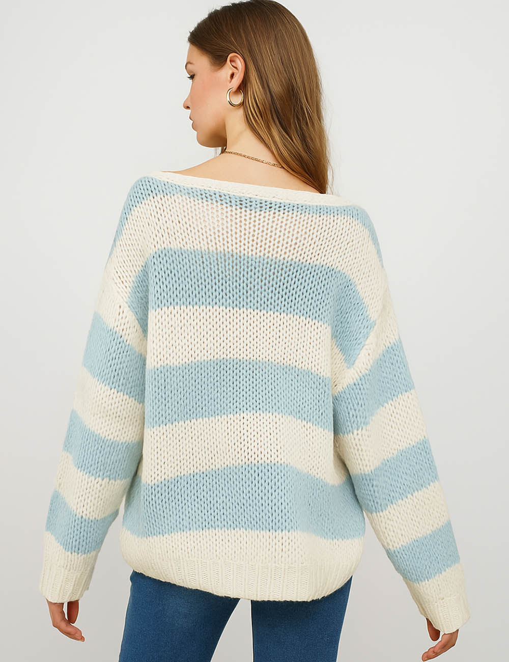 Ladies Round Neck Pullover Striped Knit Sweater