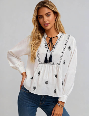 Ladies Boho Embroidery Top Tassel Tie Long Sleeves Blouse
