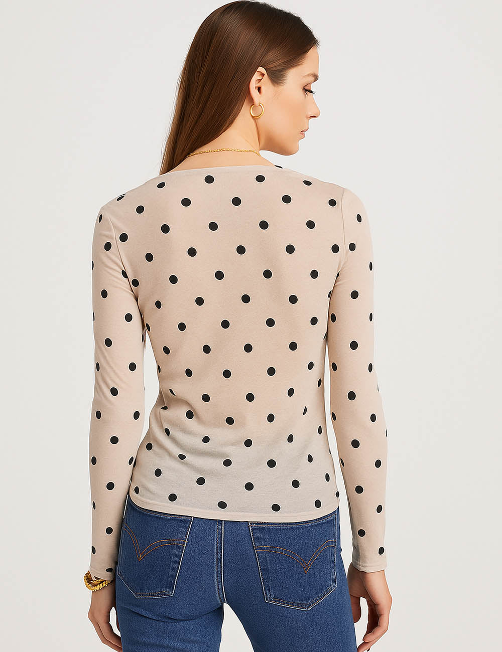Ladies Polka Dot See Sheer Long Sleeves Layering Top