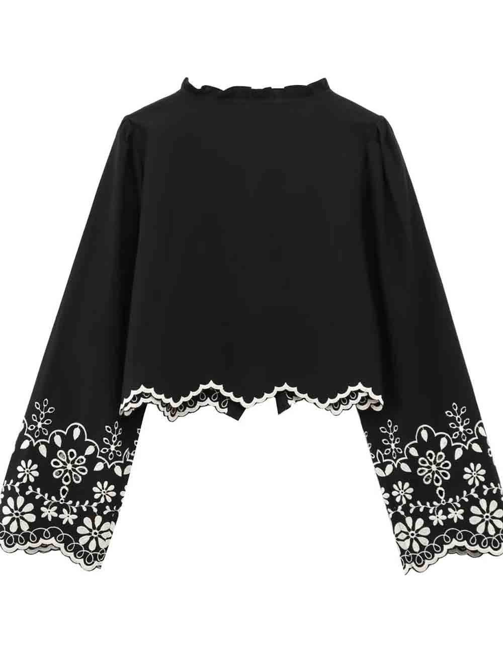 Ladies V-Neck Eyelet Embroidery String Tie Long Sleeves Blouse
