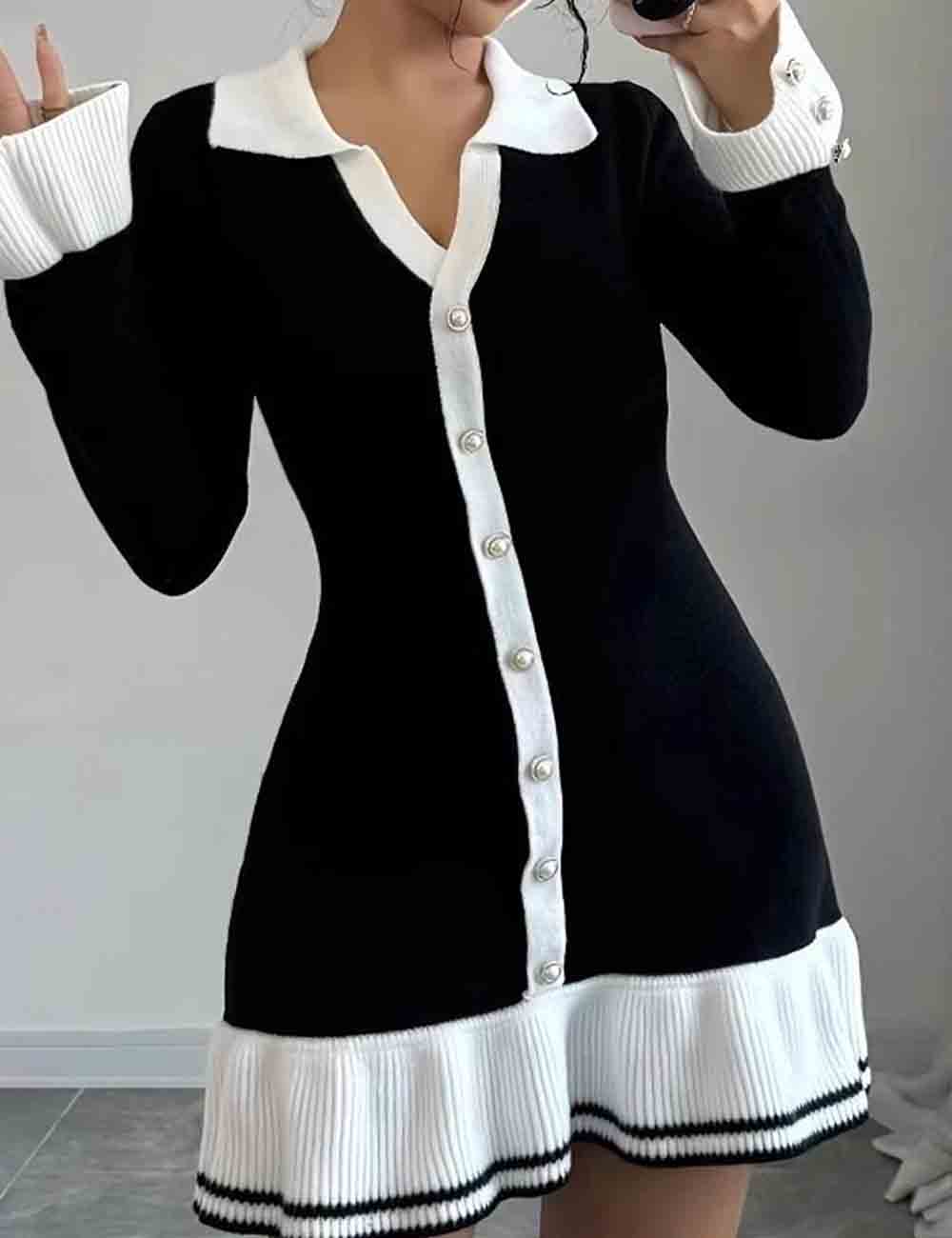 Ladies V-Neck Contrast Bell Long Sleeves Knit Mini Dress