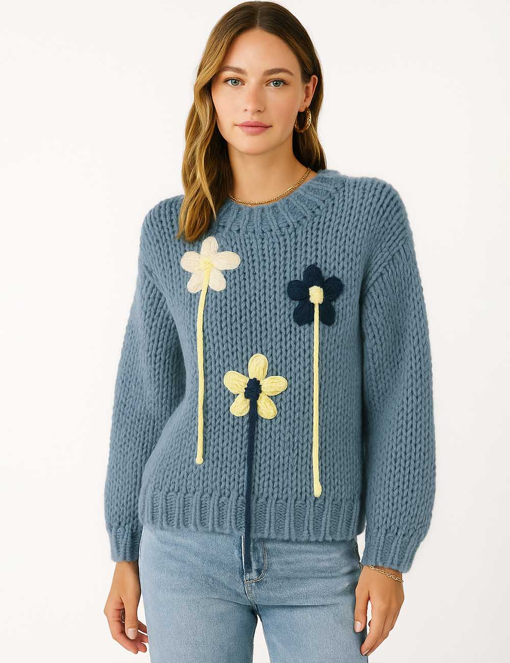 Ladies 3D Flower Appliqué Round Neck Long Sleeves Sweater Top