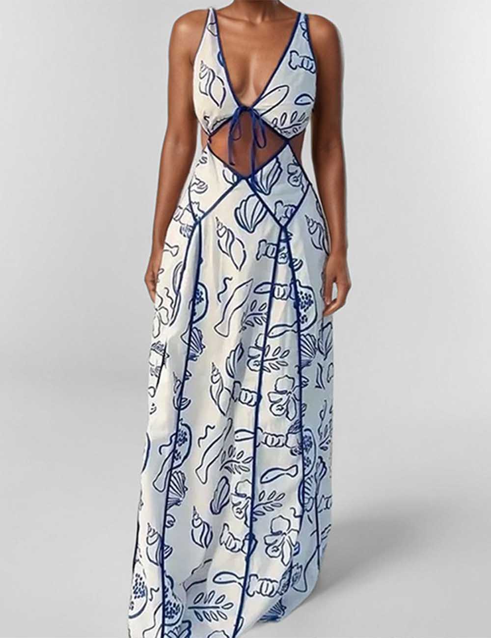 Ladies V-Neck Color Block Print Cut-Out Backless Tie Maxi Dress