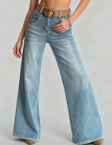 Ladies Fleece Lining Jeans Button Wide Leg Denim Pants