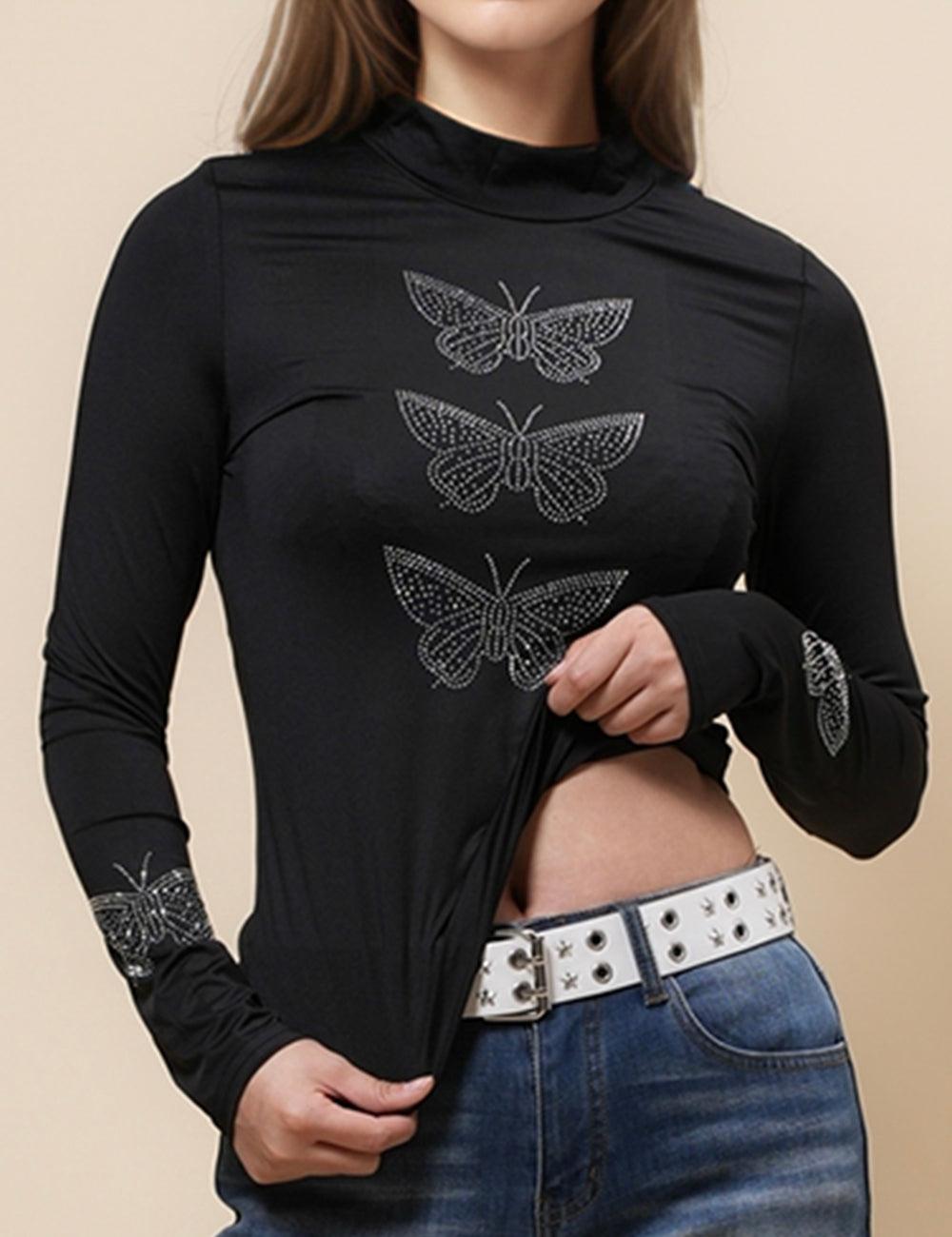 Ladies Butterfly Print Layring Top Long Sleeves Blouse SKT4846