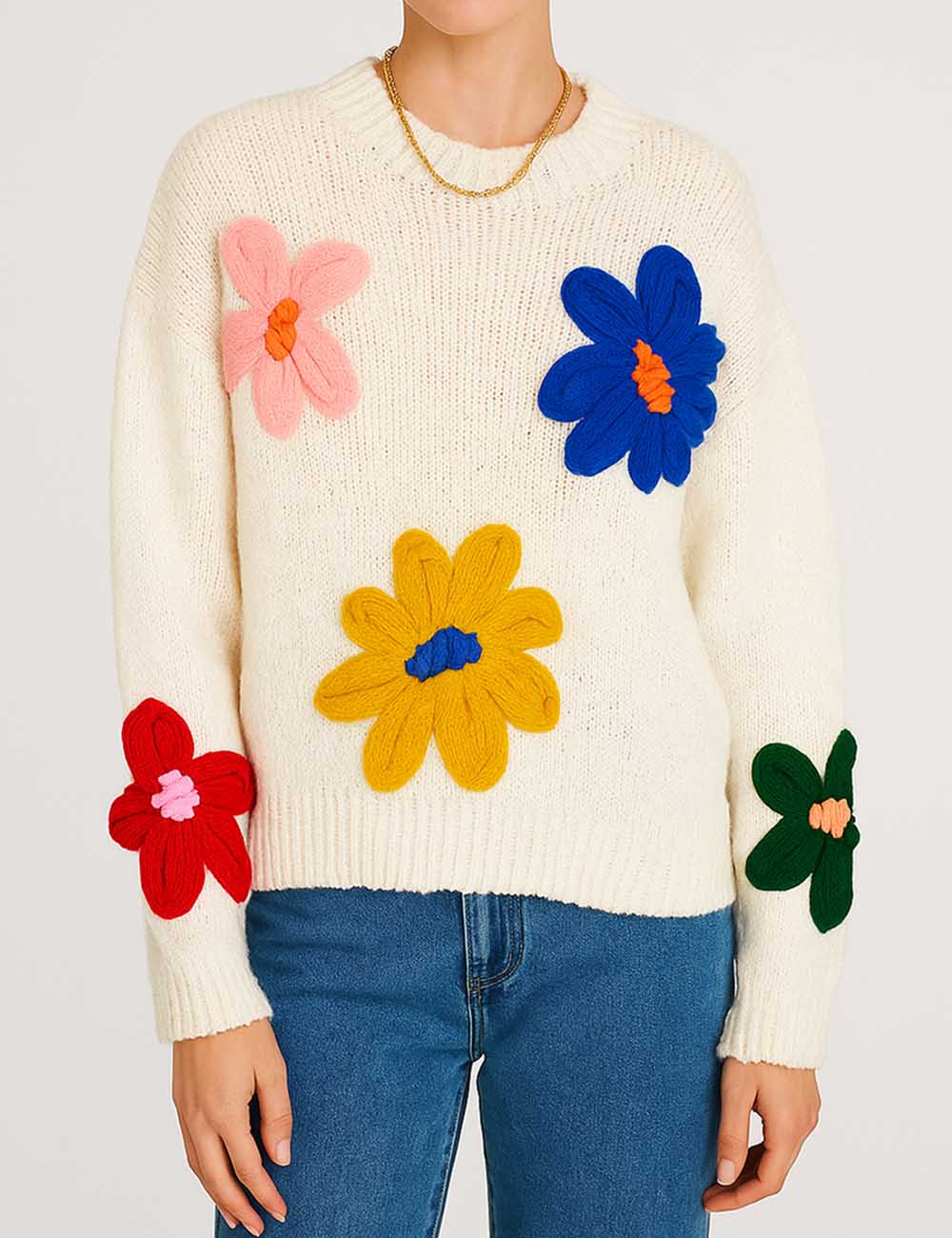 Ladies Flower Long Sleeves Chunky Sweater