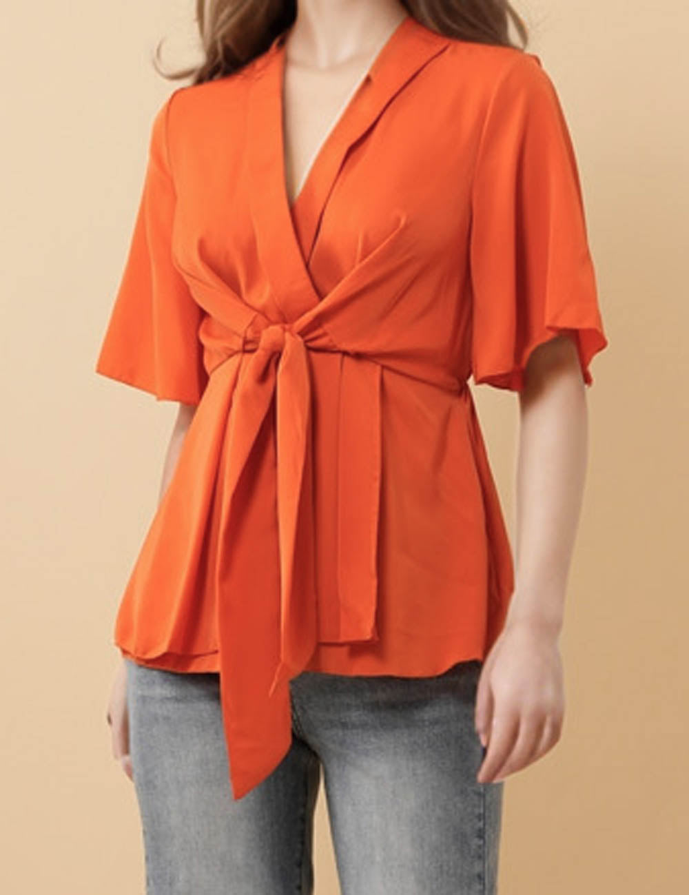 Ladies Solid Color V-Neck Blouse Waist Tie Top 8SKT51162