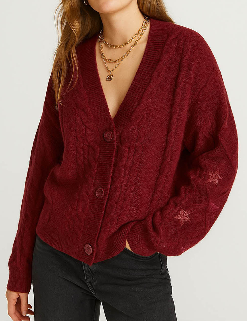 Ladies V-Neck Star Embroidery Button Front Knit Cardigan