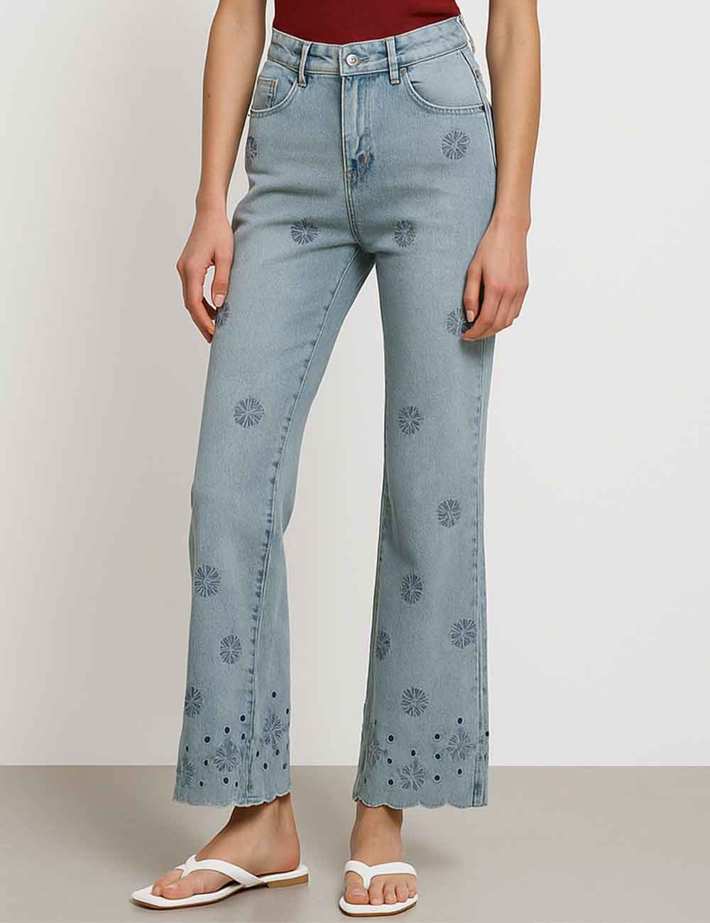 Ladies Floral Embroidery Beading Stright Leg Denim Pants