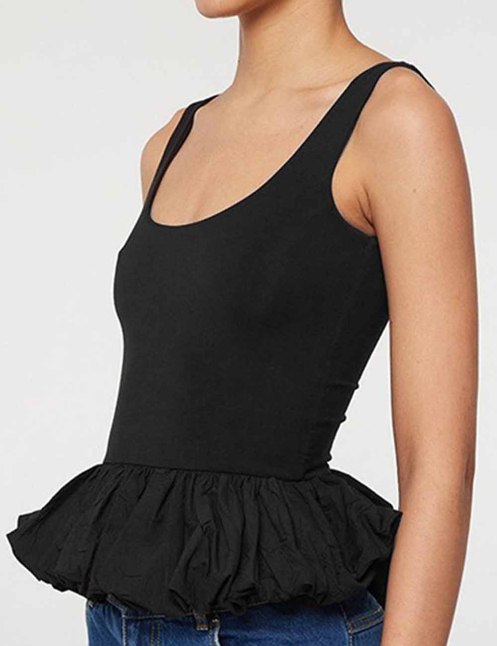 Ladies Solid Color U-Neck Puff  Slevvesless Tank Top