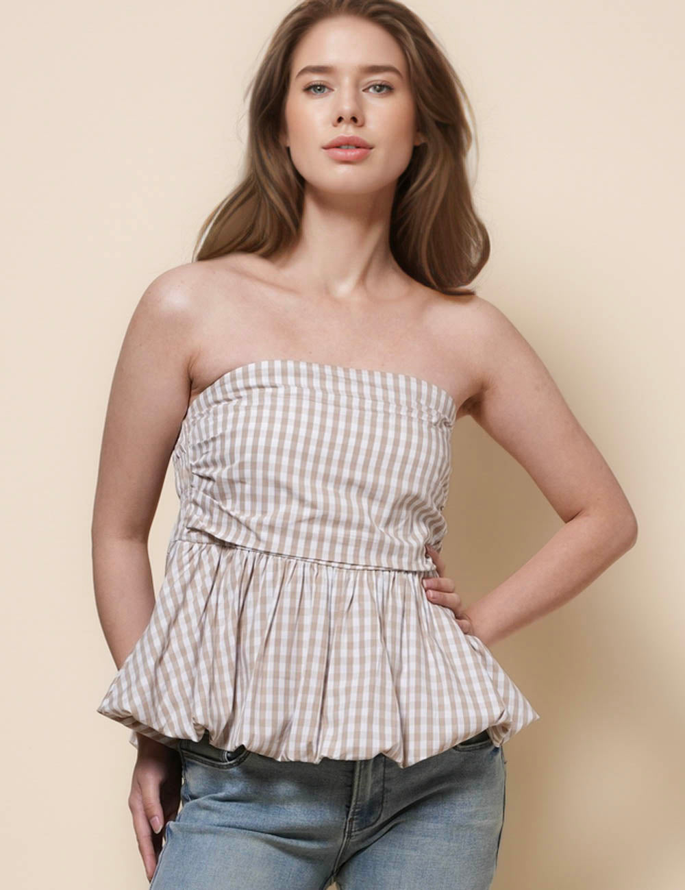 Ladies Strapless Color Block Plaid Tube Top SKT41292
