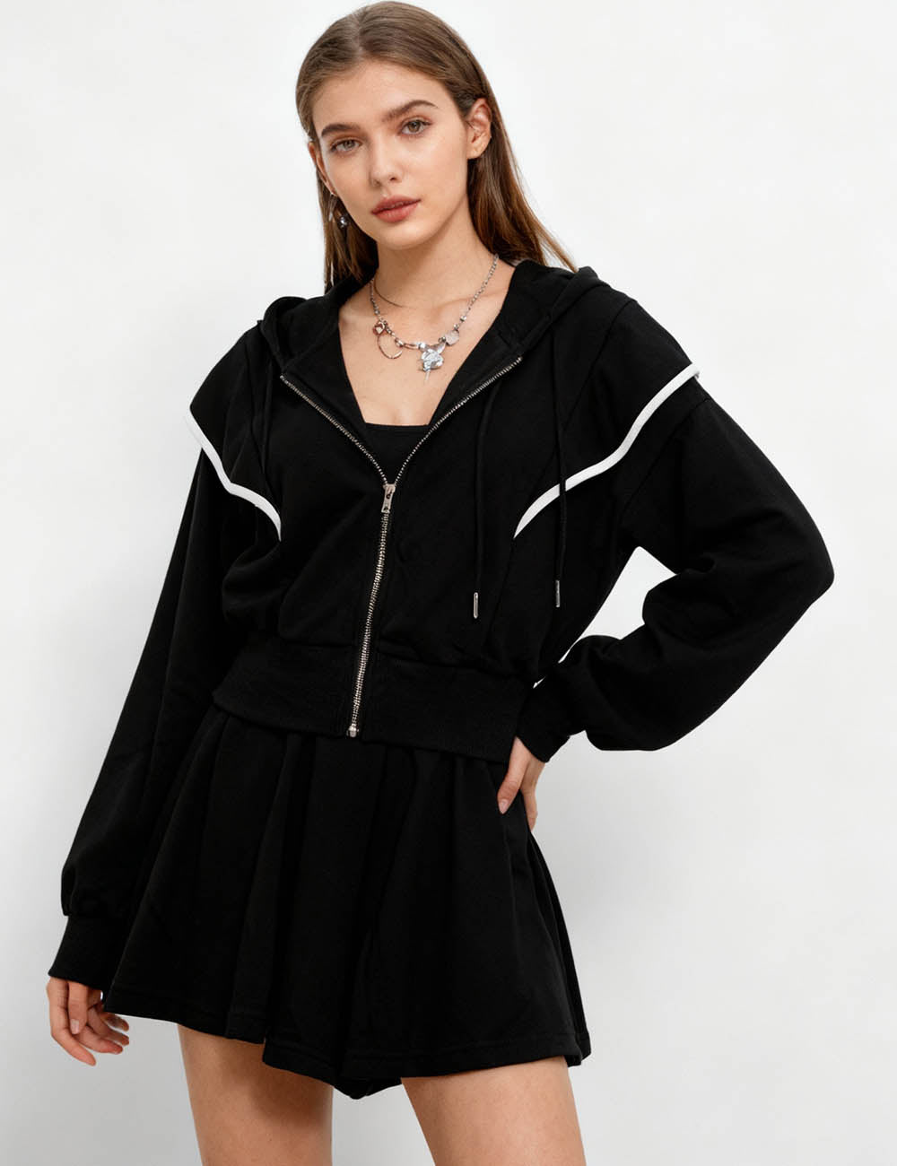 Ladies Hooded Collar Zip Up Sweatshirt Wide Leg Shorts Set