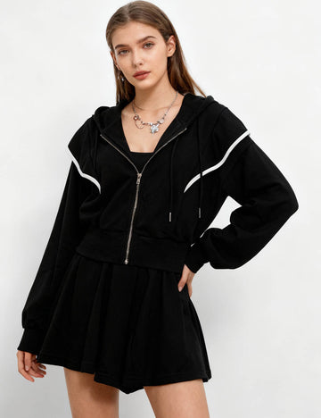 Ladies Hooded Collar Zip Up Sweatshirt Wide Leg Shorts Set