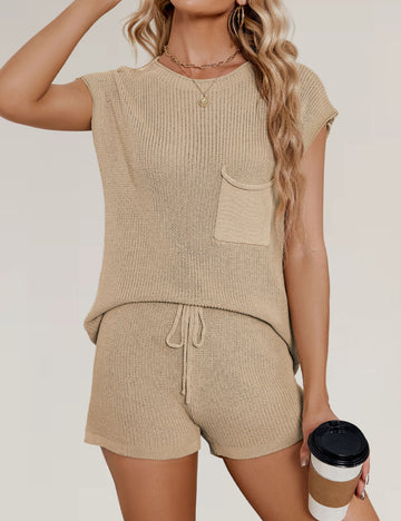 Ladies Solid Color Pockets Sweater & Shorts Set SKST41172