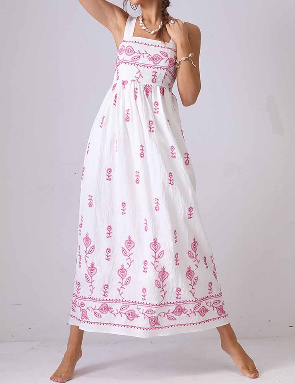 Ladies Square Neck Floral Embroidery Strap Shoulder Maxi Dress