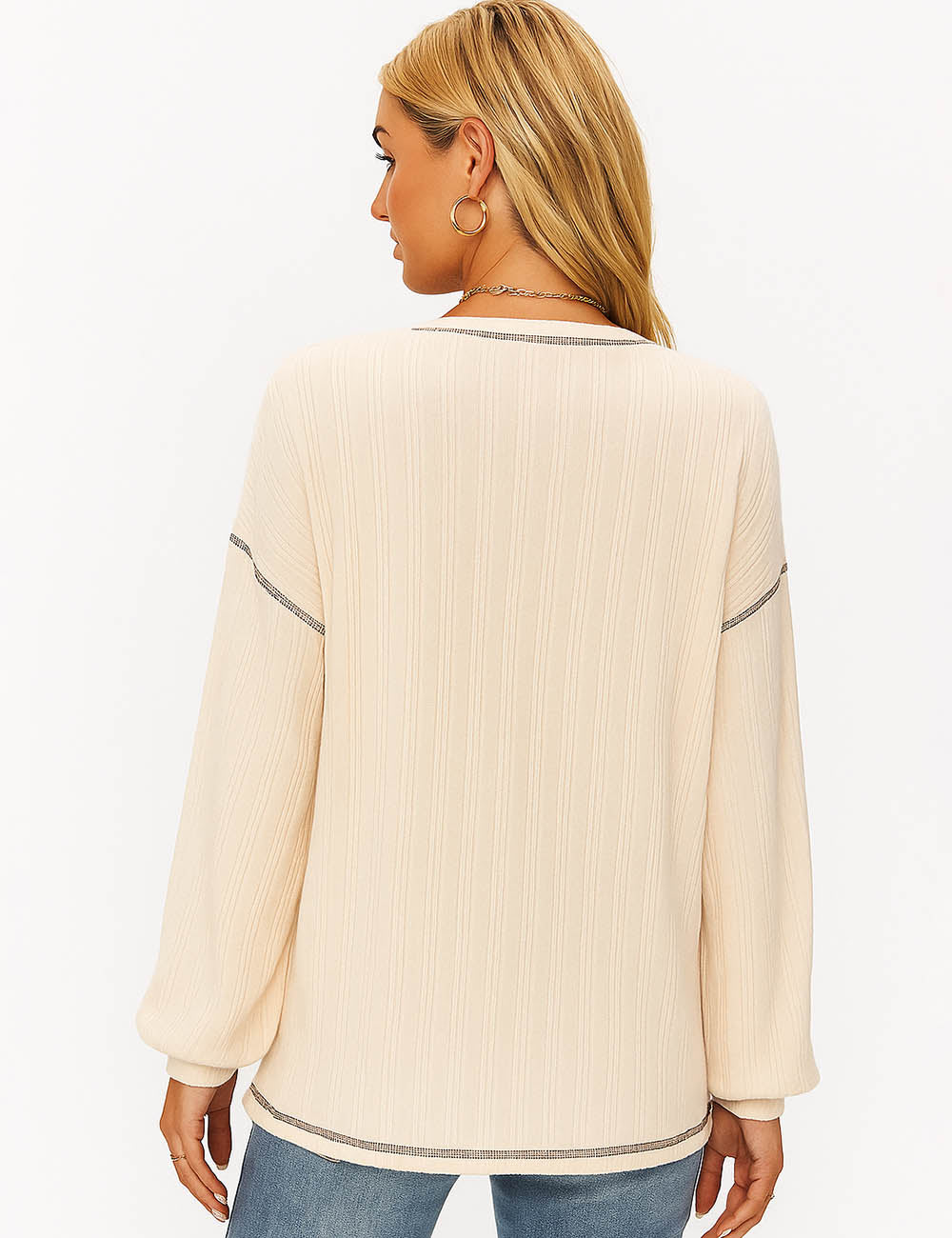 Ladies Contrast Stitch Ribbed Knit  Long Sleeves Top