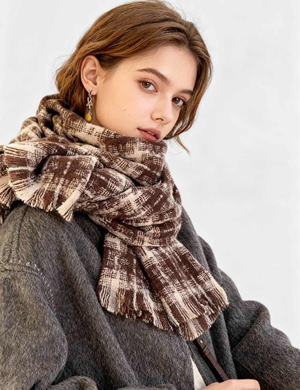 Ladies Warm Color Block Plaid Tassel Knit Scarf