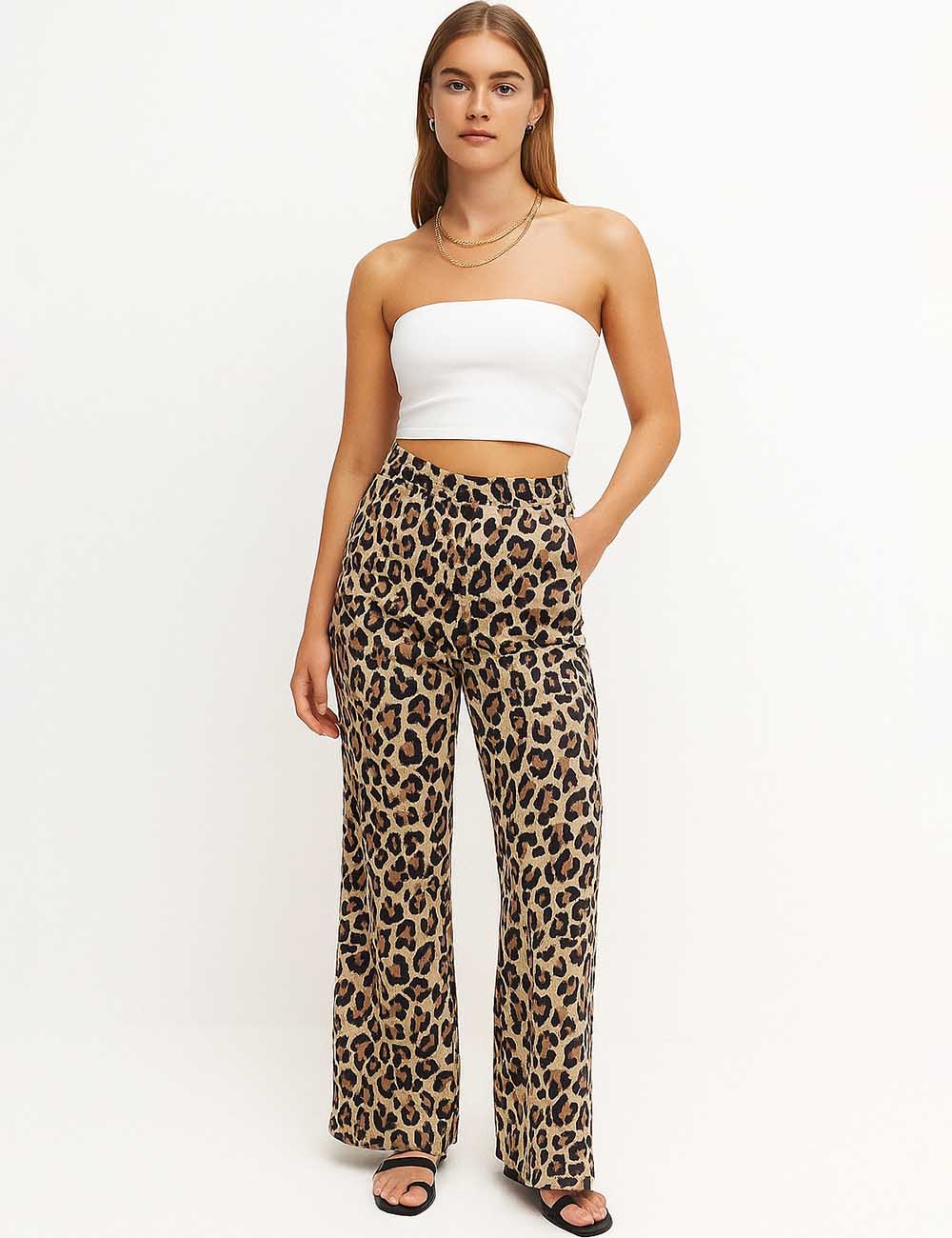 Ladies Leopard Print High Waist Wide Leg Pants