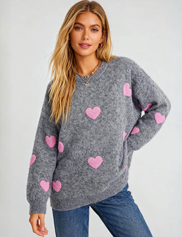 Ladies Valentine‘s Heart Round Neck Pullover Knit Sweater