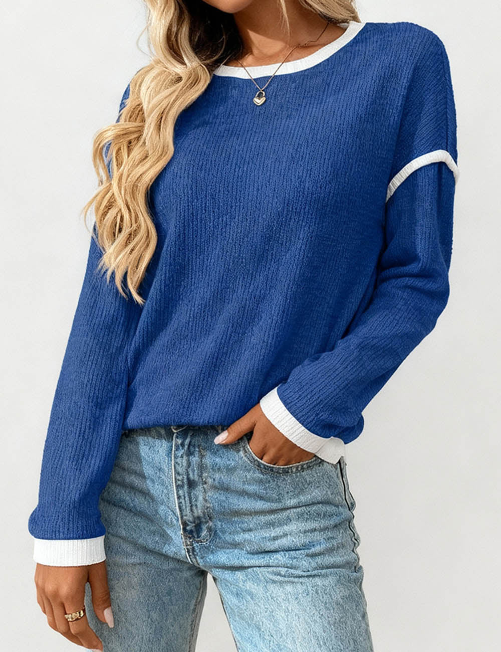 Ladies Color Block Rib Trim Round Neck Knit Sweater