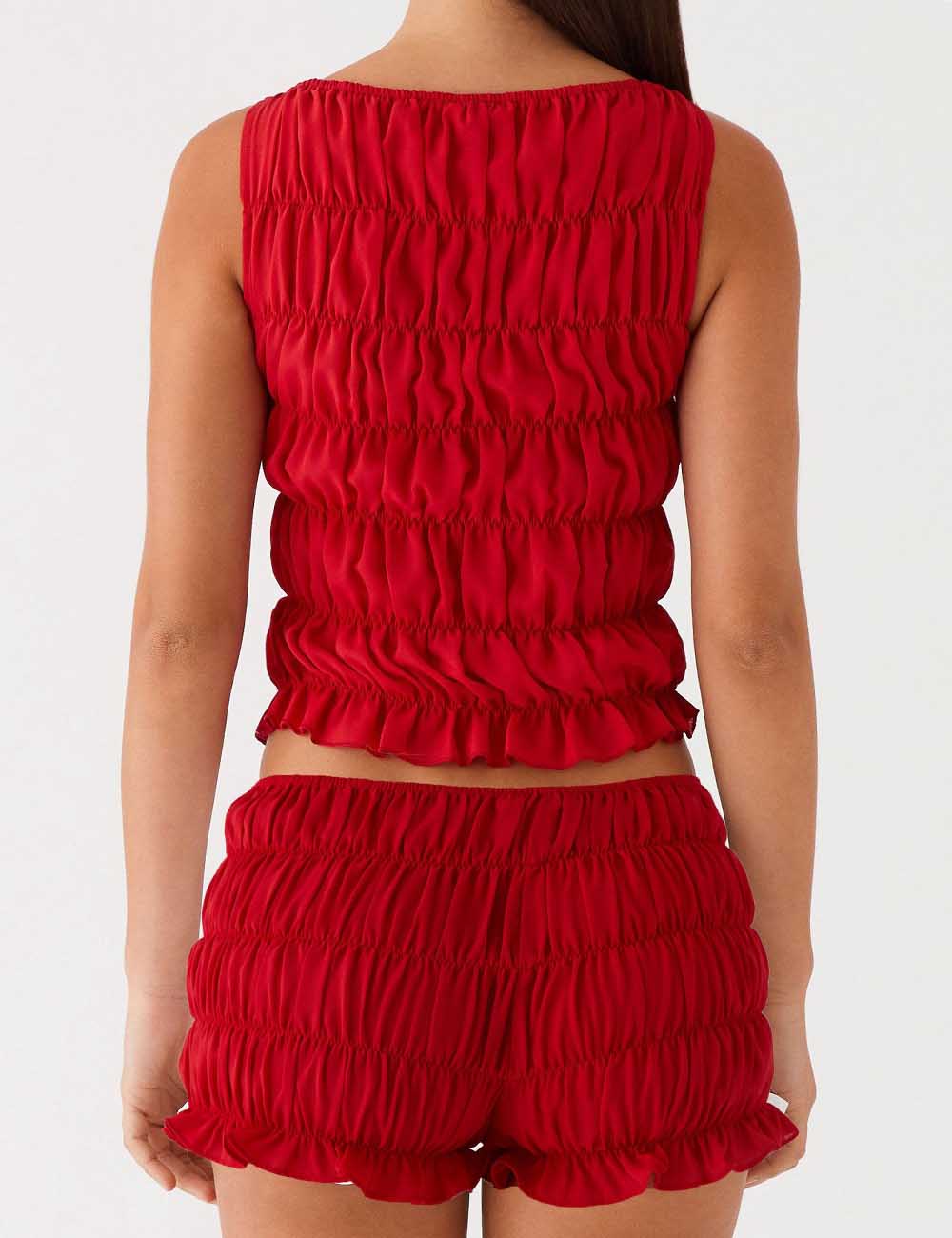 Ladies Solid Color Smocking Tank Top & Shorts 2PCS Set
