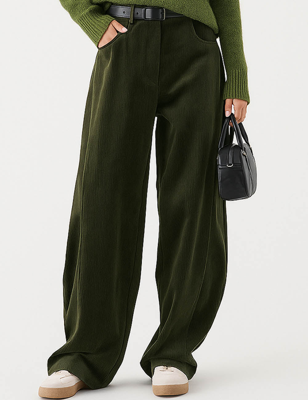 Ladies Solid Color Corduroy Wide Leg Pants