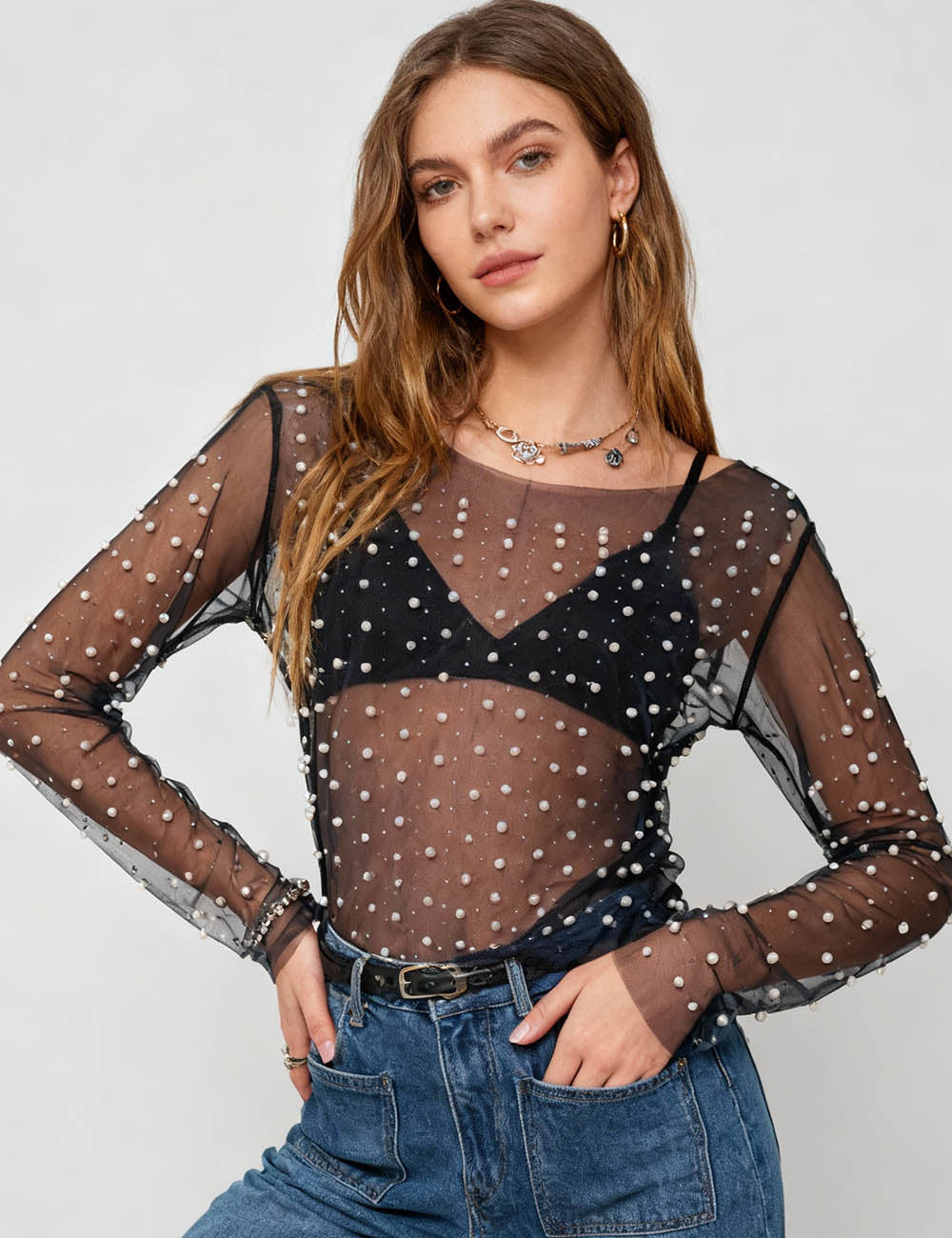 SWEETKAMA Pearl Rhinestone Studded See Through Mesh Blouse SKT1976