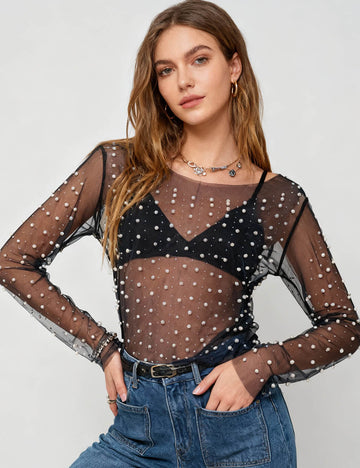 SWEETKAMA Pearl Rhinestone Studded See Through Mesh Blouse SKT1976