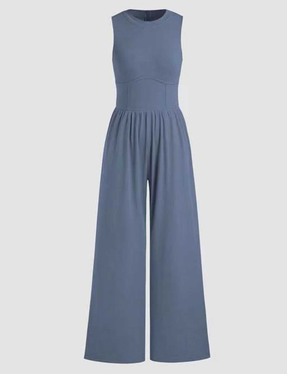 Ladies Solid Color Sleeveless Straight Leg Jumpsuit