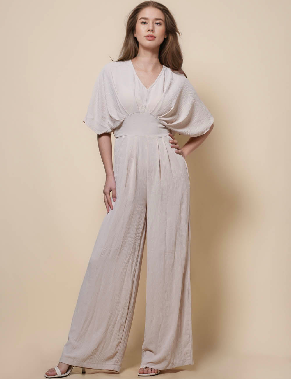 Ladies V-Neck Mid Sleeves Wide Leg Jumpsuit SKJ41276