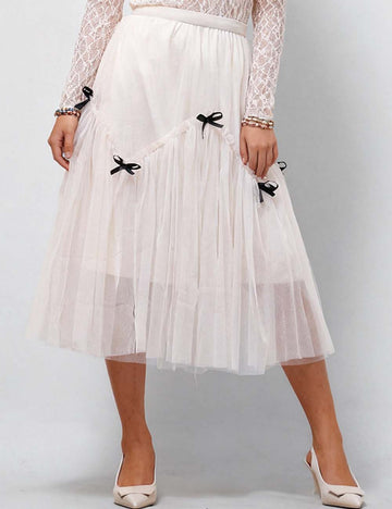 Ladies Gauzy Tiny Bowknot Color Block Midi Skirt SKS50450B