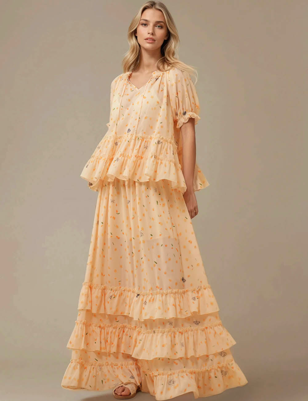 Ladies Floarl Chiffon Citrus Bloom Top Skirt 2PCS Set SKST5M5