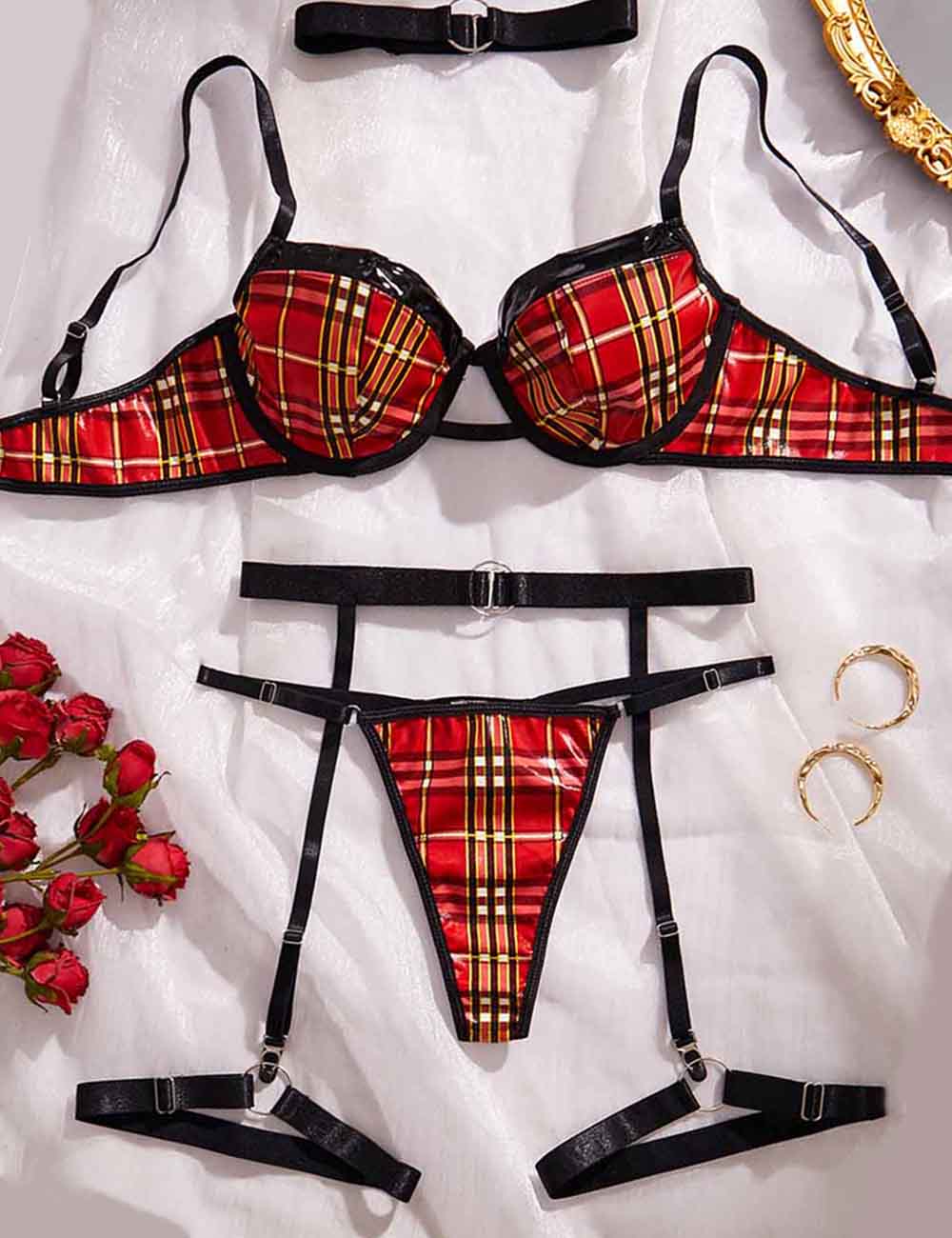 Ladies Color Block Plaid PU 2PCS Lingerie Set