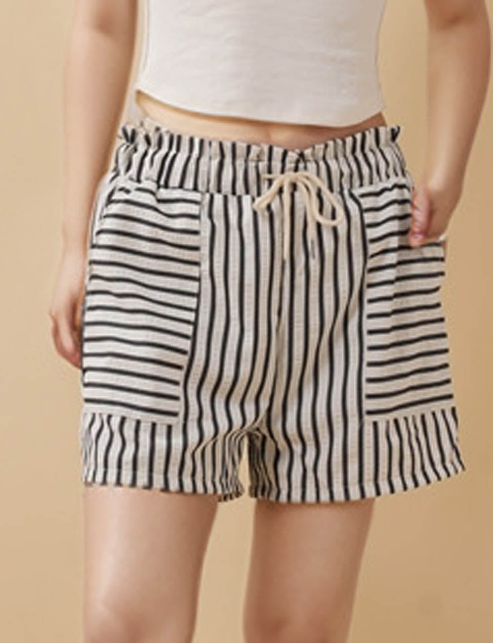 Ladies Elastic Wasit Drawstring Pocket Striped Shorts