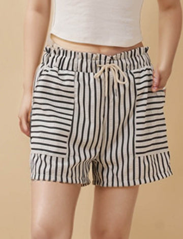Ladies Elastic Wasit Drawstring Pocket Striped Shorts