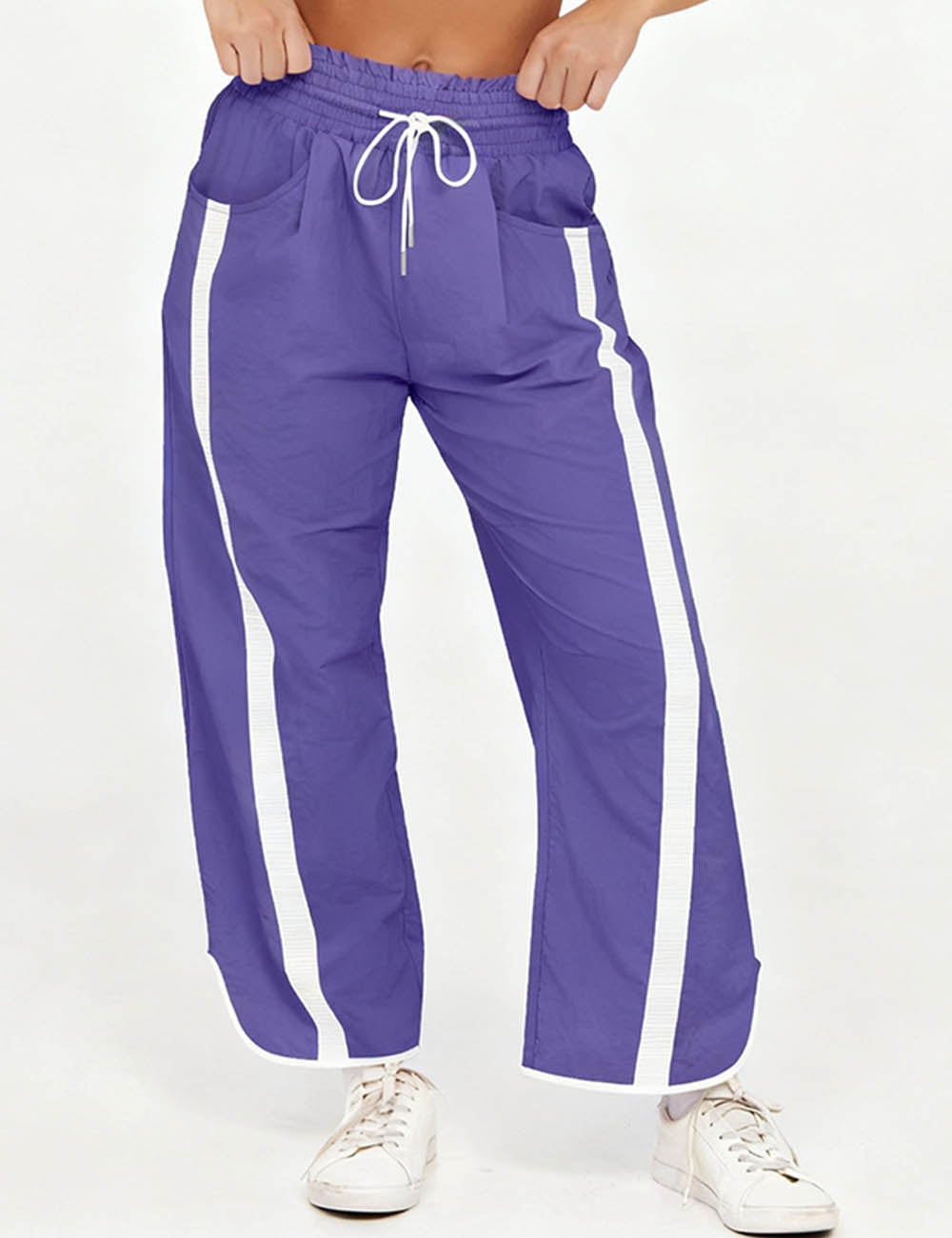 Ladies Color Block Striped Elastic Tie Waist Wide Leg Pants